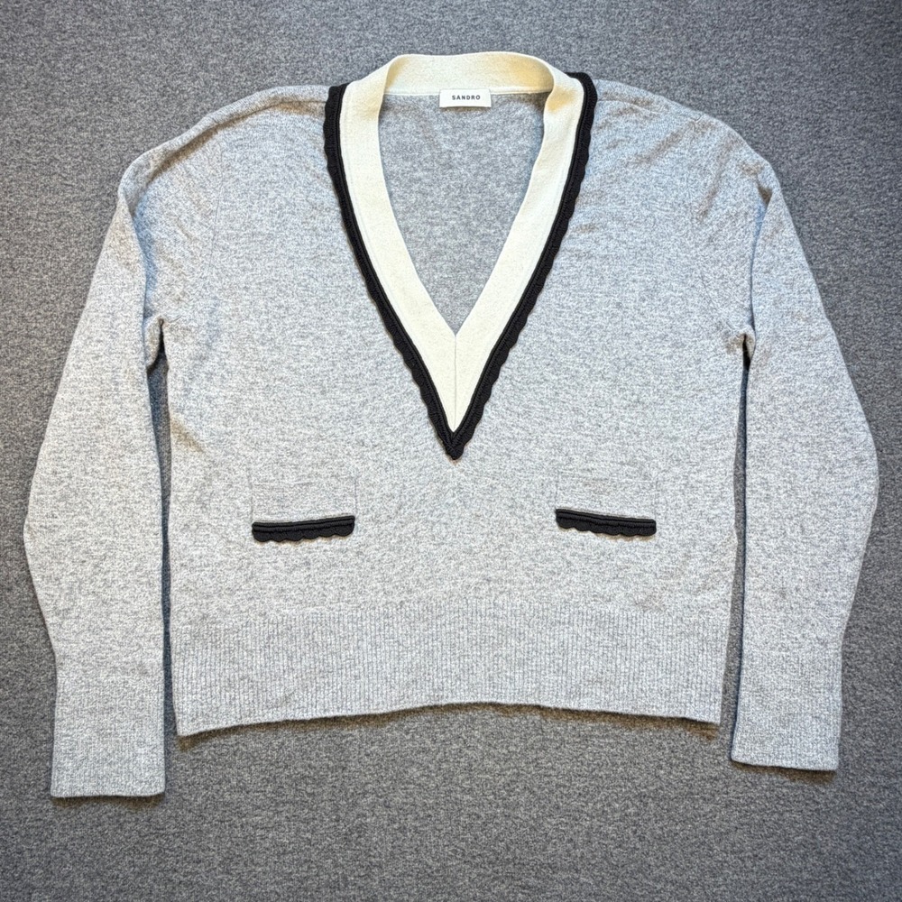 SANDRO Alisson  sz L / 3 V-Neck Sweater Wool Cashmere Grey Black White Soft - Picture 3 of 12